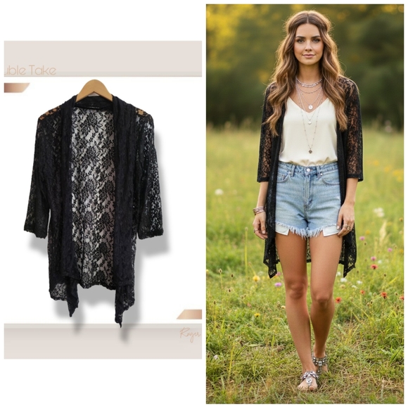 Double Take Sweaters - 🌿Double Take Black Sheer Lace Cardigan Open Front 3/4 Sleeve Med/Lg Like New
